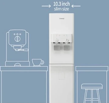Illustration of the 10.3 inch slim water purifier next to a counter